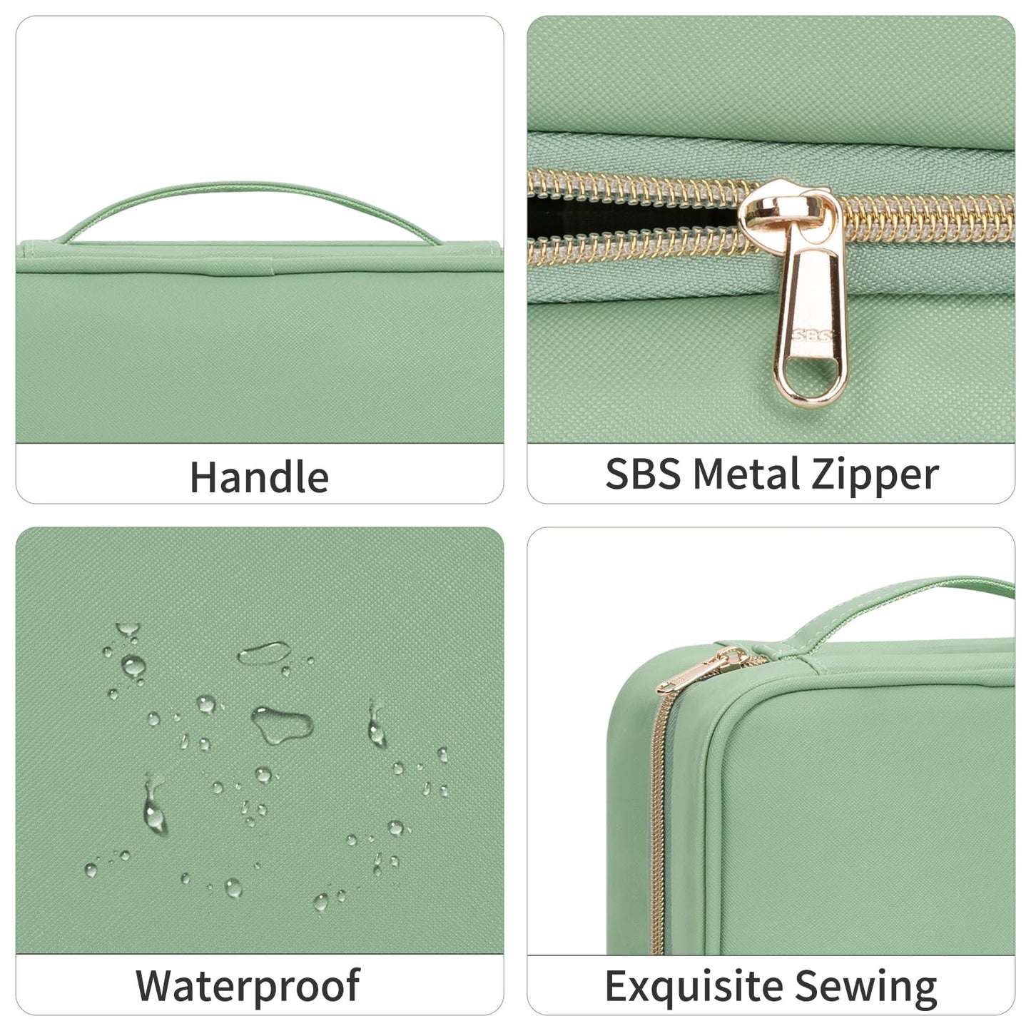 CUBETASTIC Hanging Travel Toiletry Bag, Portable Green Makeup Bag with Handle, 3 Compartment Small Travel Bag for Toiletries Waterproof Leather Cosmetic Organizer Pouch with 360° Hook