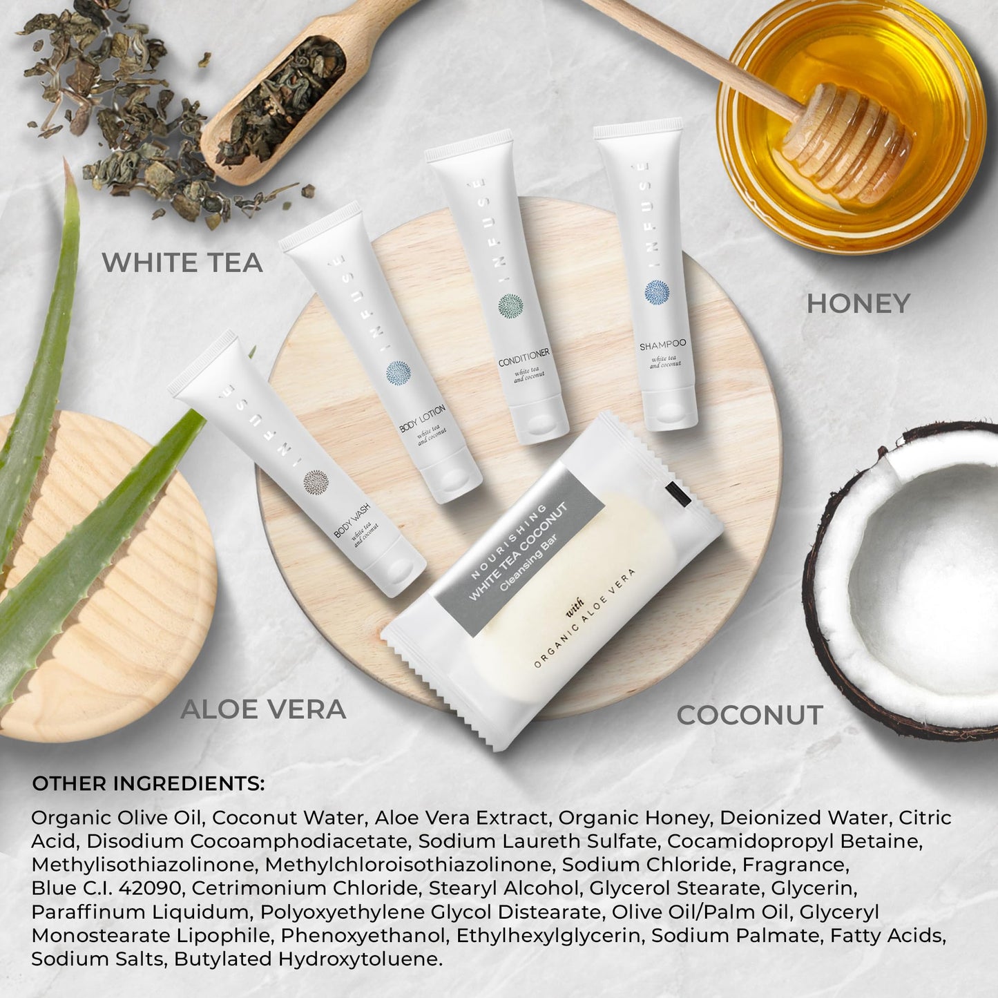 Infuse Pure White Tea and Coconut All-In-Kit Hotel Soaps and Toiletries Bulk Set | 1oz Shampoo & Conditioner, Body Wash, Lotion & 1.25oz Bar Soap | Travel Size 75 Pieces.