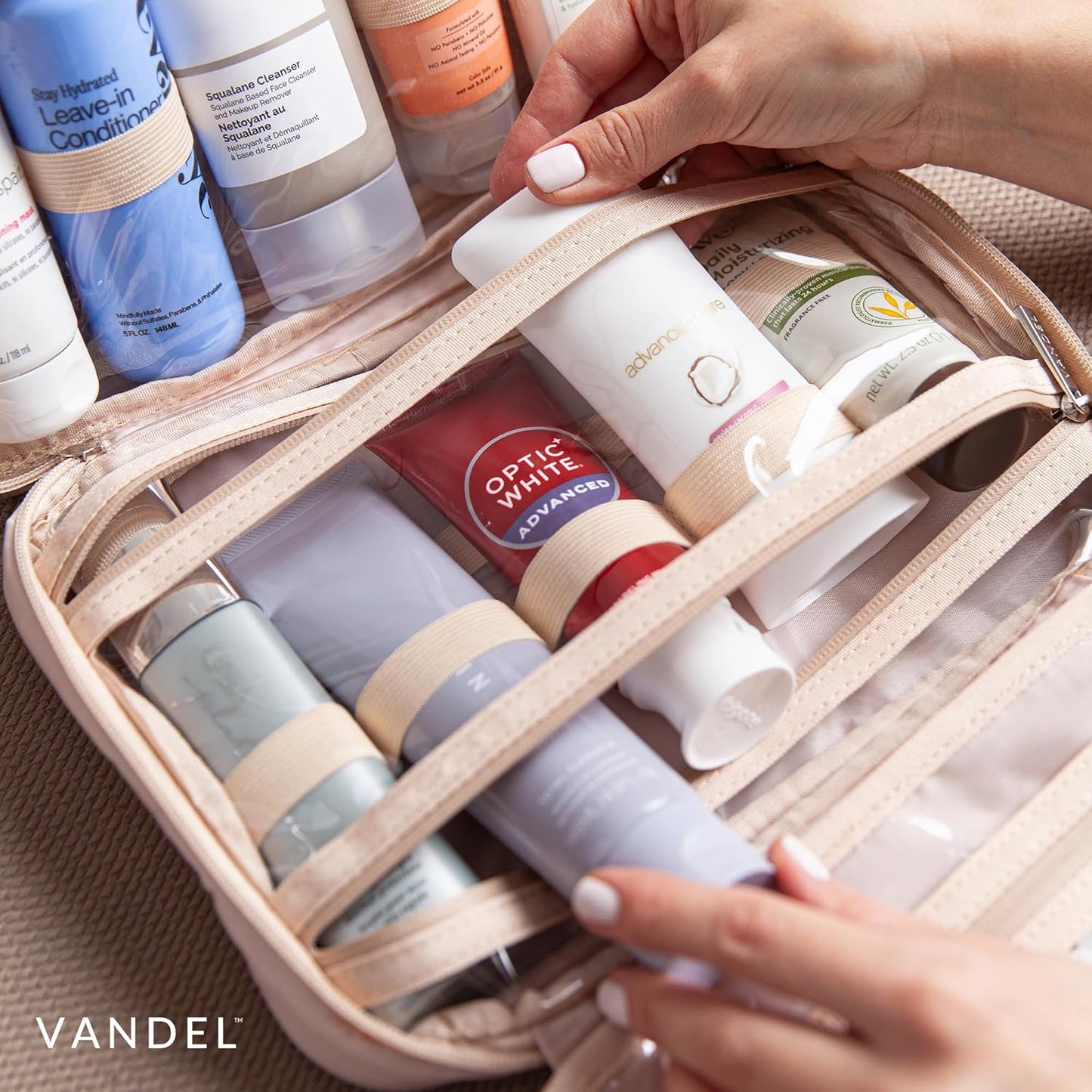 VANDEL Waterproof Hanging Toiletry Bag - TSA-Approved Makeup Organizer for Travel | Neutral Checker Design