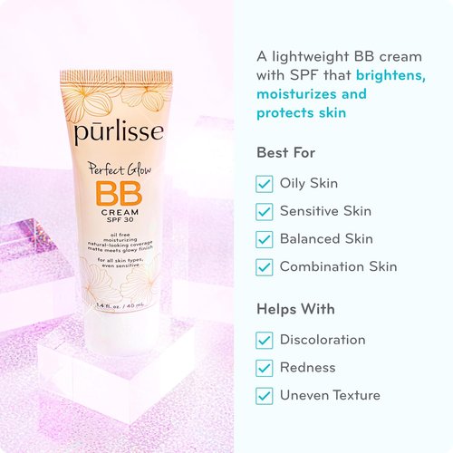 Pūrlisse Perfect Glow BB Cream with SPF 30 - Matte & Dewy Finish - Enriched with Goji & Hawthorn Berry - Light Medium (1.4 oz)