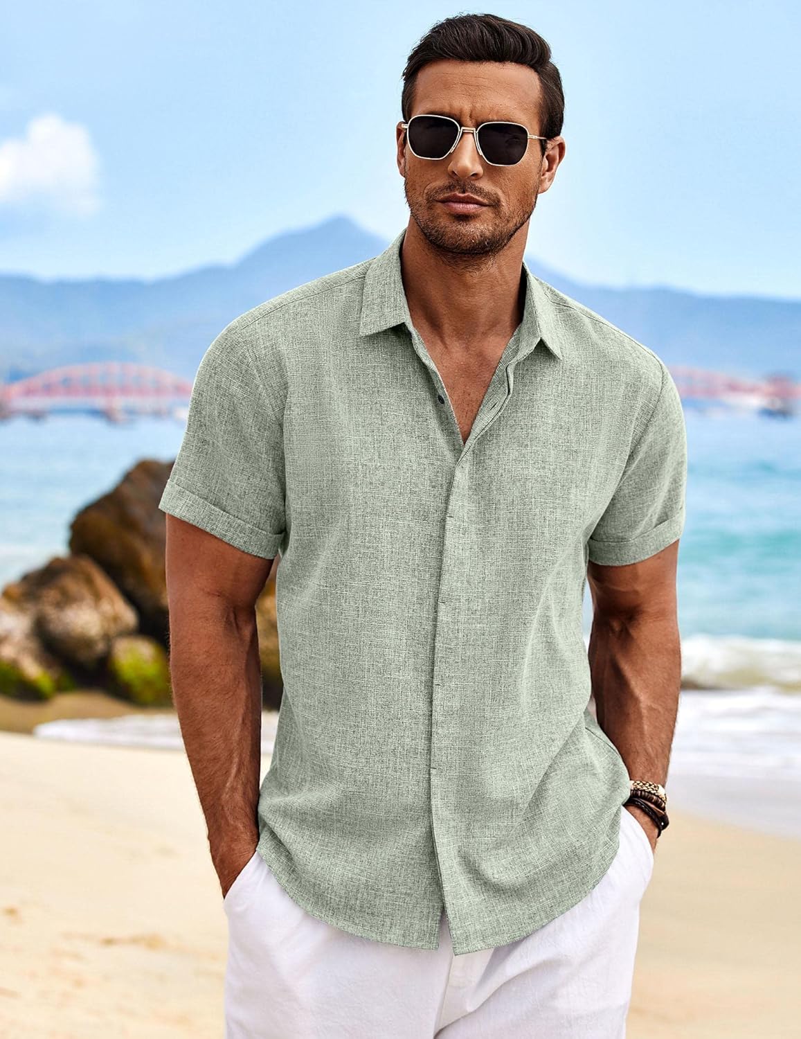 COOFANDY Men's Linen Short Sleeve Shirt - Casual Button Down for Beach & Summer Weddings