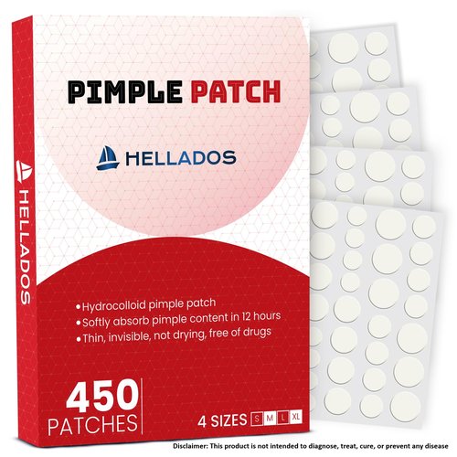 Hellados™ 450 Pimple Patches For Face, 4 Size Acne Patches, Hydrocolloid Zit Patches, Blemish Patches, Spot Stickers with Tea Tree Oil and Calendula Oil
