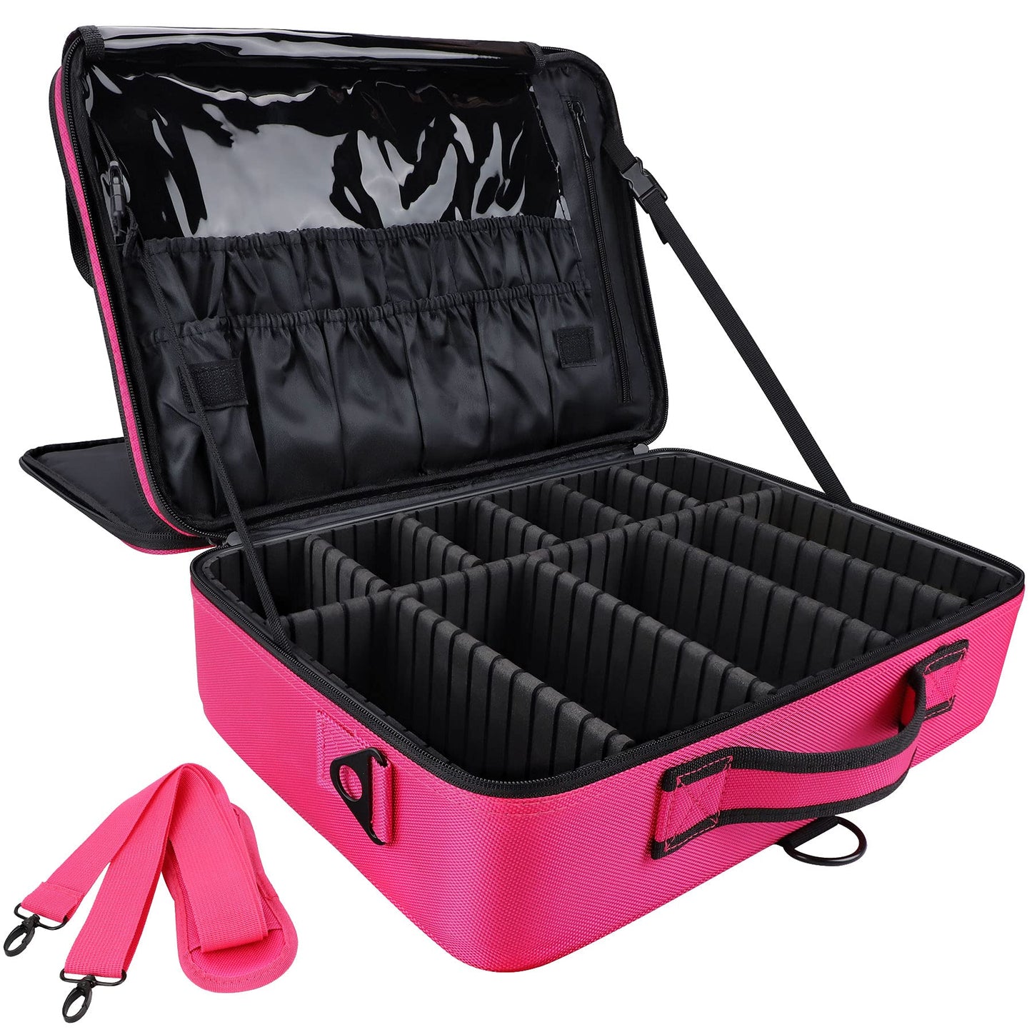 JOURMON Travel Makeup Case Portable Makeup Train Case Organizer Cosmetic Bag with Adjustable Dividers and Shoulder Strap for Makeup Brushes Toiletry Travel Accessories(Rose Red, L)