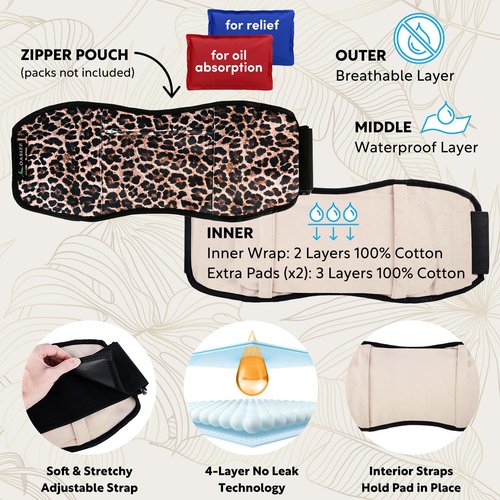 OASIZZ Premium Reusable Castor Oil Pack Wrap for Stomach (5-Piece, 29-56", Cheetah) Plush 100% Double Brushed Cotton Flannel Interior Layers, Dark Fabric Hides Stains, Leak-Resistant Adjustable Design