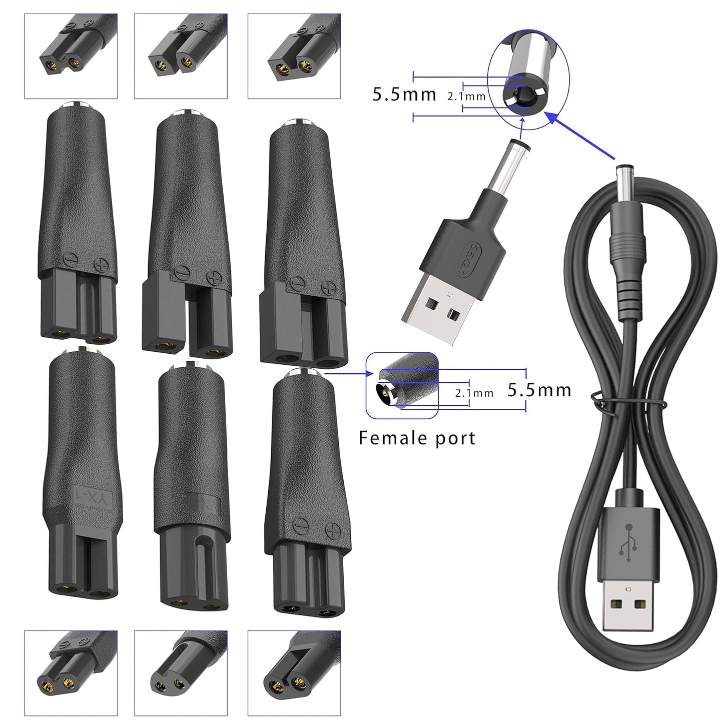 Skiennix 7 PCS USB Power Cord Charger Set - Compatible with Hair Clippers, Beard Trimmers & More