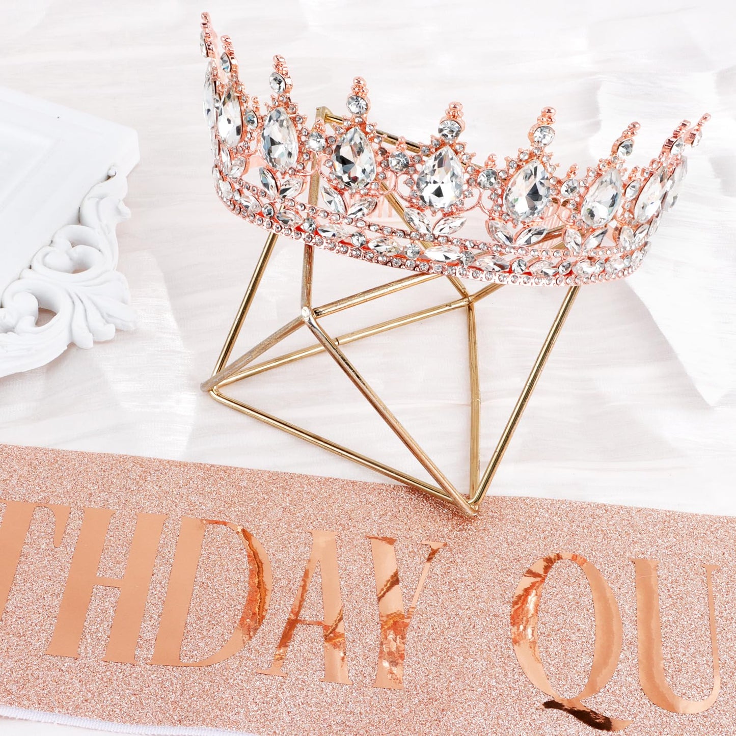 Vovii Birthday Crown & Sash Set for Women, Rose Gold Rhinestone Tiara & Birthday Queen Sash for Women Birthday Decorations, Happy Birthday Party Decorations for Birthday Crown Adult Woman