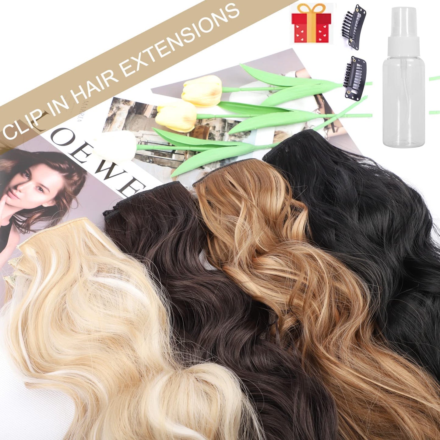 Not Tangled 20 Inch Long Wavy Synthetic Hair Extensions Honey Blonde Mixed Light Brown 4PCS thick long Clip in Hair Extensions for Women Full Head Natural Soft (20INCH, 22H10)