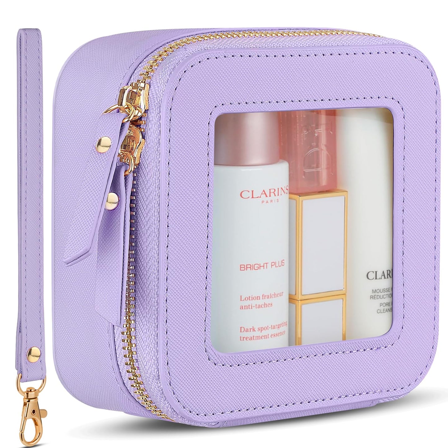 XUGUXA Clear Makeup Bag | Mini Makeup Bag | Small Makeup Bag/Small Cosmetic Bag for Purse | Cute Leather Makeup Pouch | Purse Organizer | Car Travel Purse Essentials for Women (Purple Mini)