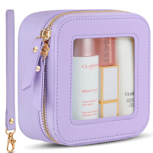 XUGUXA Clear Makeup Bag | Mini Makeup Bag | Small Makeup Bag/Small Cosmetic Bag for Purse | Cute Leather Makeup Pouch | Purse Organizer | Car Travel Purse Essentials for Women (Purple Mini)