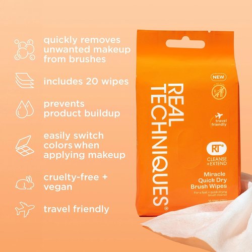 Real Techniques Miracle Quick Dry Brush Wipes - Fast-Drying Makeup Brush Cleaner, 20 Count | Travel-Friendly & Vegan