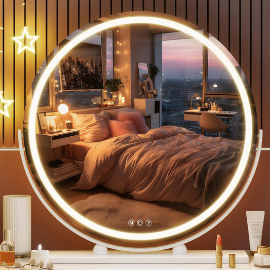 Hasipu Vanity Mirror with Lights, 23.6" LED Makeup Mirror, Lighted Makeup Mirror with Lights, Smart Touch Control 3 Colors Dimmable Round Mirror 360°Rotation White