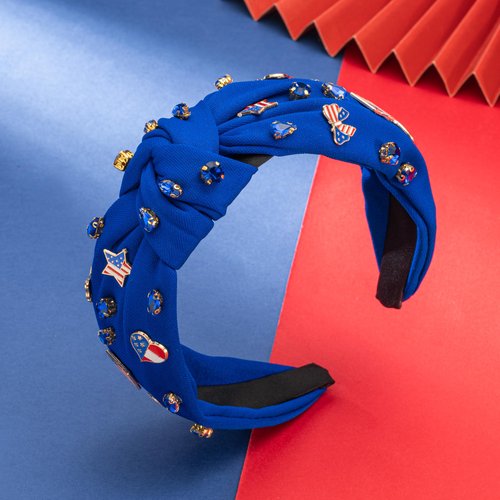 4th of July American Flag Star Charm Headband for Women Blue Crystal Top Knotted Blue Headband Patriotic American Map Heart Butterfly Charm Wide Hairband (14.7butterfly heart-blue)