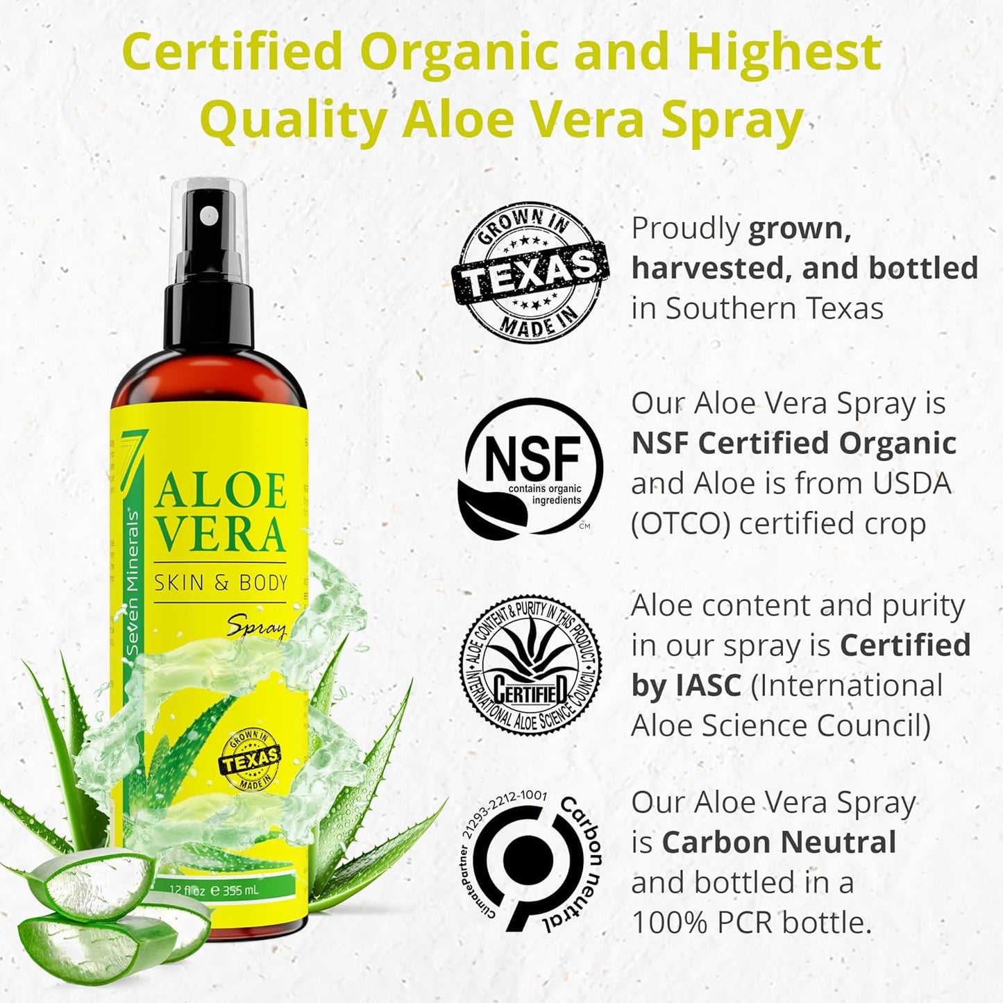 Seven Minerals Organic Aloe Vera Spray - Extra Strong, Rapid Absorption, No Sticky Residue | 12 fl oz Made in USA