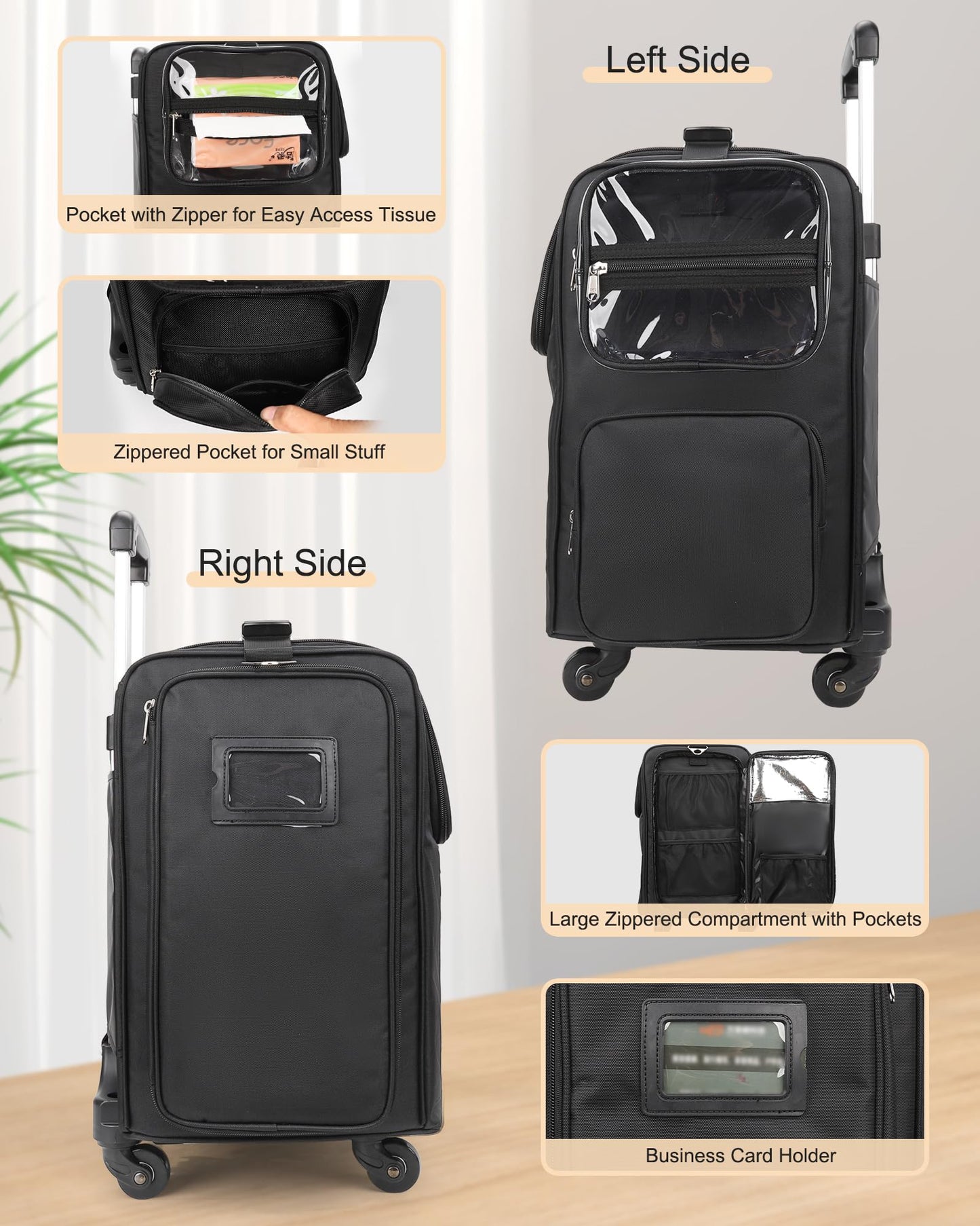 Relavel Rolling Makeup Train Case with 6 Pcs Clear Makeup Bags, Hairstylist Traveling Bag with 4 Wheels, Heat Insulation Full Layer, Adjustable Dividers, Hair Tools and Cosmetics Storage Organizer