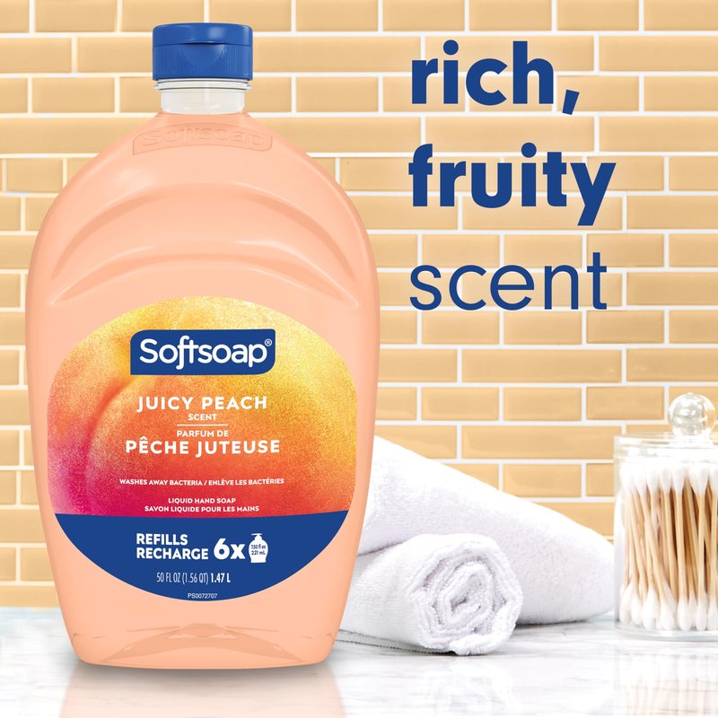 Softsoap Juicy Peach Liquid Hand Soap, Kitchen and Bathroom Hand Soap, Rich Fruity Scent, 50 fl oz Refill Bottle (Pack of 2)
