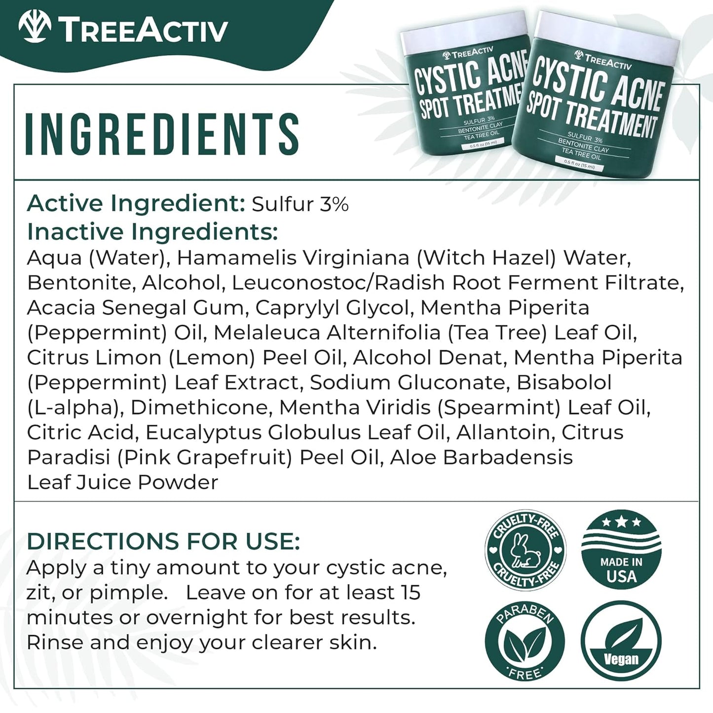 TreeActiv Cystic Acne Spot Treatment Paste - Sulfur & Tea Tree Oil for Deep Breakouts | 0.5 oz