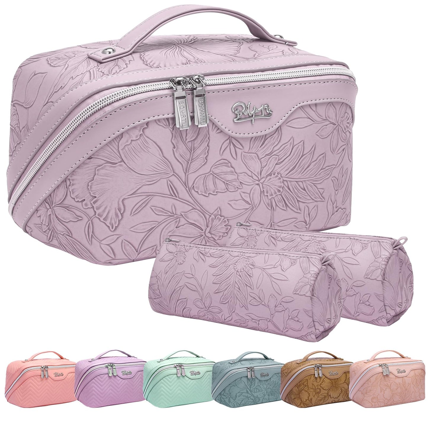 BOYATU Travel Makeup Bags Cosmetic Organizer Bag: 3-Set Large Capacity Make up Bag - PU Leather Toiletry Bags for Women - Wide Open Portable Pouch with Divider & Handle (01-Z-Light Purple)