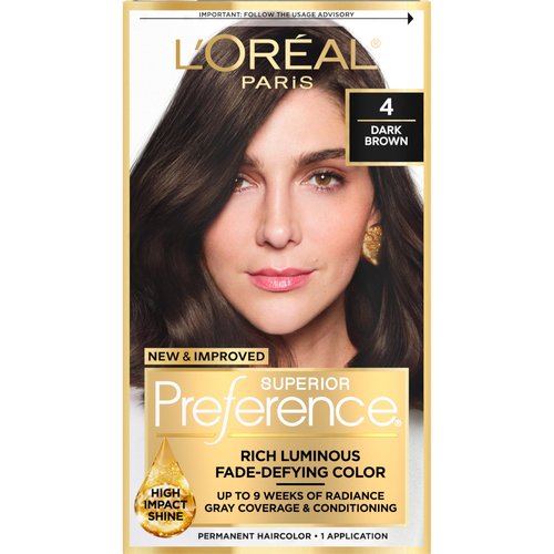 L'Oreal Paris Superior Preference Luminous Fade-Defying Permanent Hair Color, Hair Dye For Up to 9 Weeks of Radiance, Dark Brown 4, 1 Hair Dye Kit