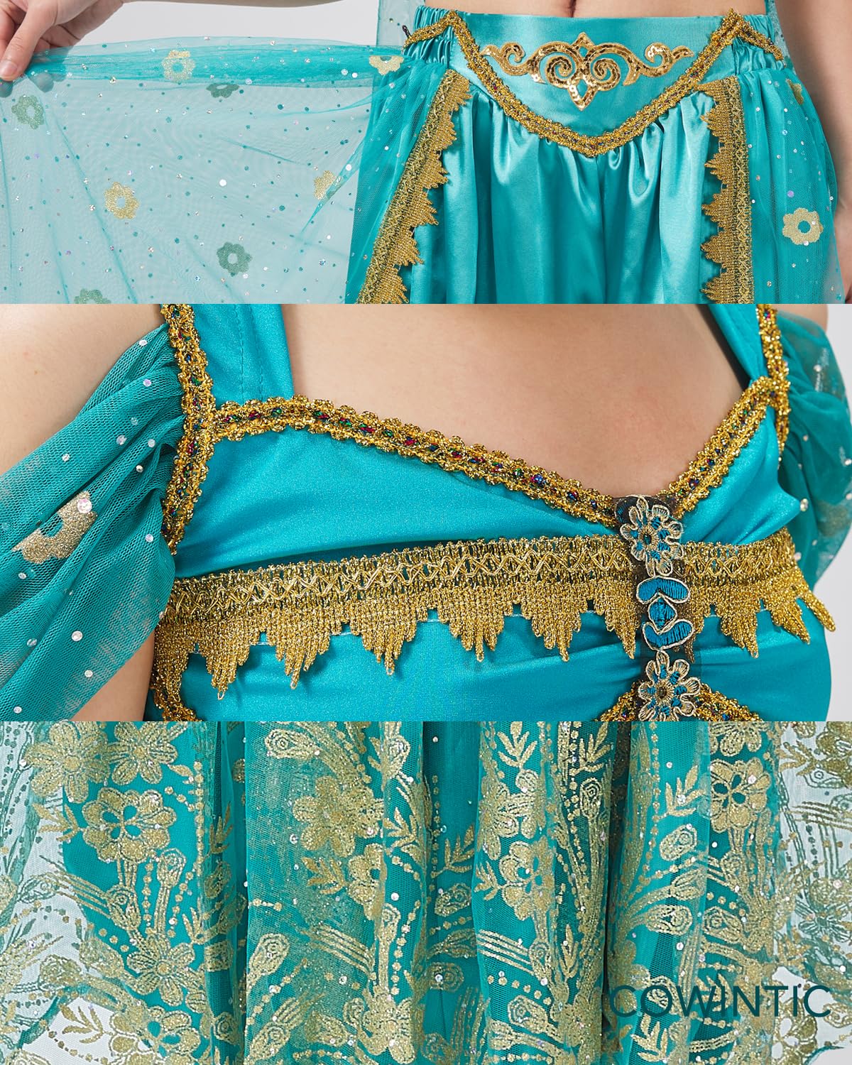 COWINTIC Belly Dance Princess Costume - Aladdin Jasmine Cosplay Outfits Halloween Party Teal Costumes for Women/Girls(Adult,L)