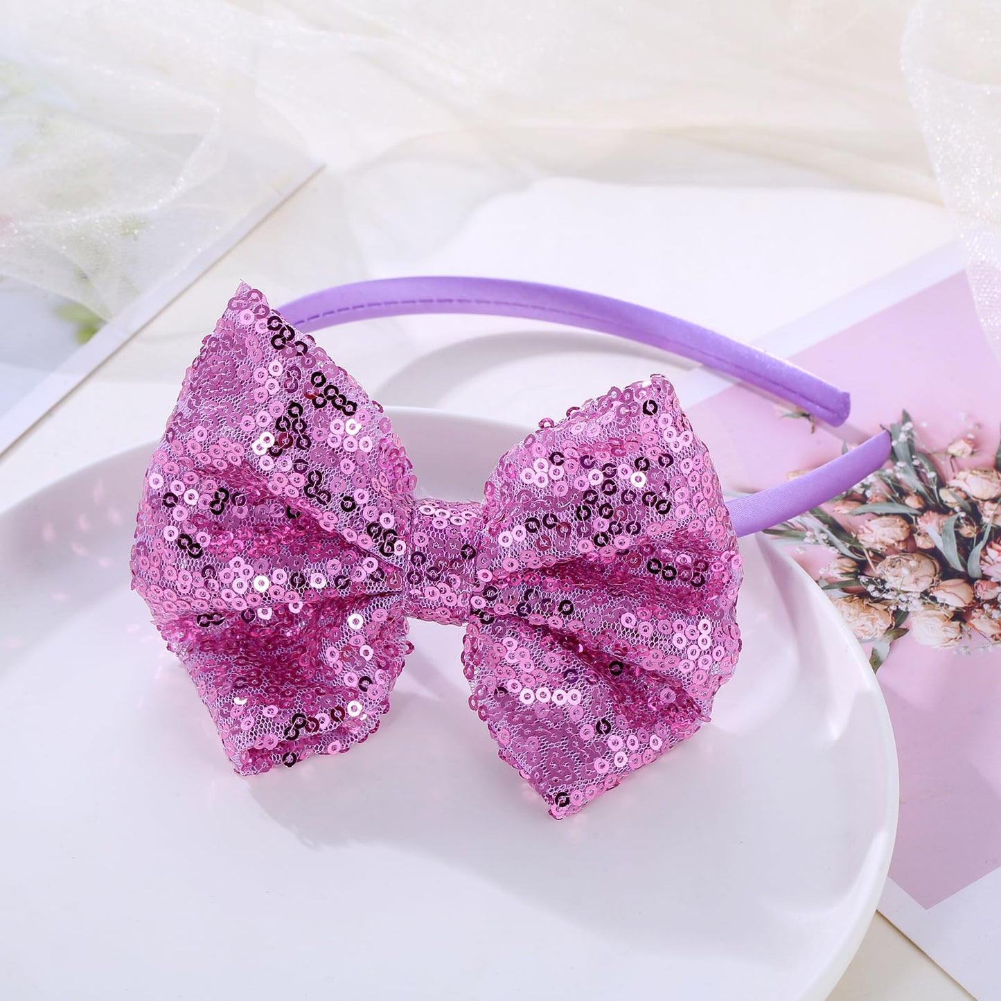 Kiszu Sparkly Sequin Hair Bow Headbands Fashion Glitter Cute Boutique Ribbon Bows for Girls, Kids, and Women (Light Purple,Hot Pink)