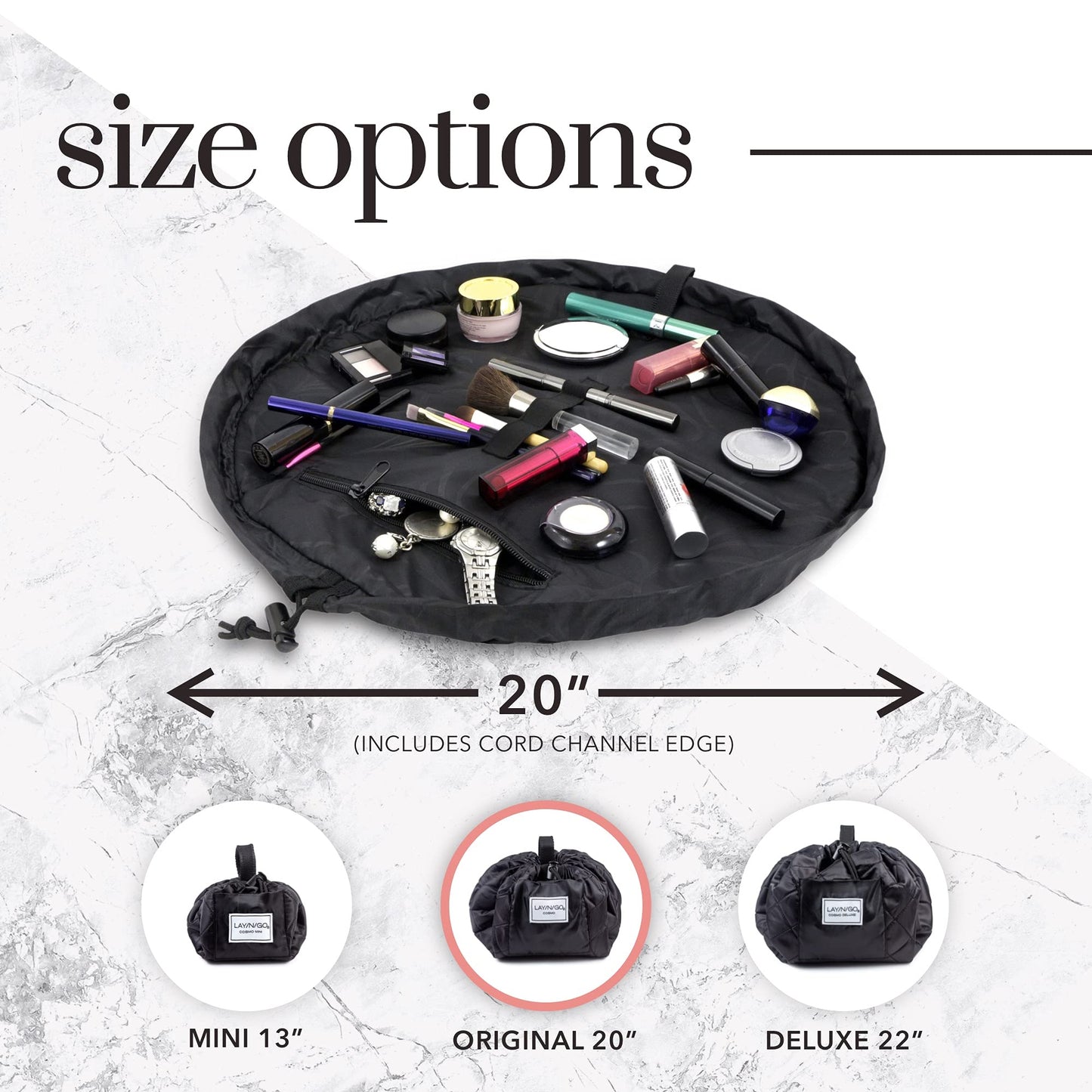 Lay-n-Go Cosmo Drawstring Cosmetic & Makeup Bag Organizer - Portable Drawstring Makeup Bag w/Zipper Pocket, Makeup Loops & More -Durable, Machine Washable Toiletry Bag (20", Metallic Silver)