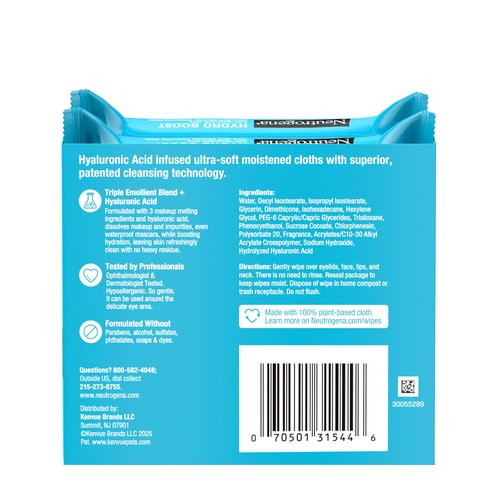 Neutrogena Hydro Boost Ultra-Soft Micellar Cleansing Wipes with Hyaluronic Acid, Hydrating Makeup Remover Wipes Remove Dirt & Waterproof Makeup, Hypoallergenic, Plant-Based Cloth, 2 x 25 ct