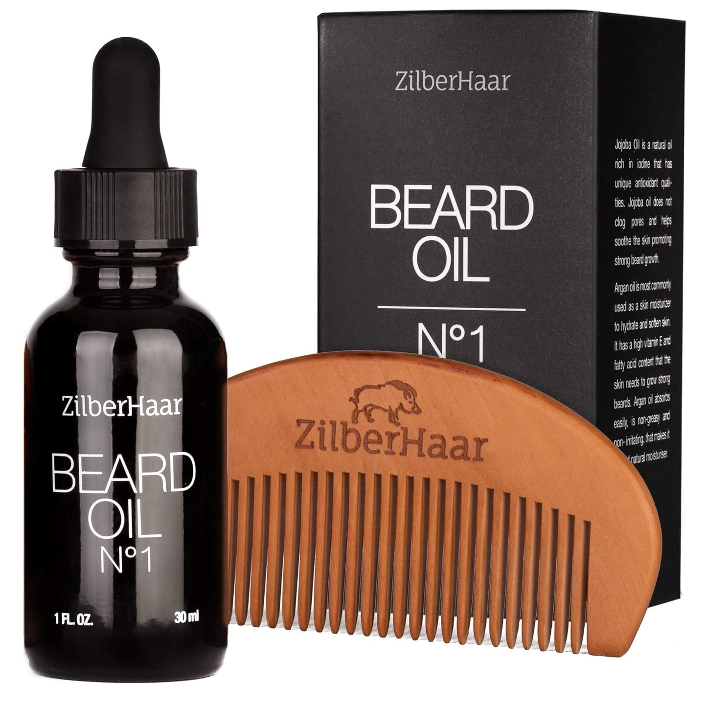 ZilberHaar Beard Oil №1 - Organic Moroccan Argan & Jojoba Oil for Hydrated Beard Growth - 1 oz | Free Comb Gift