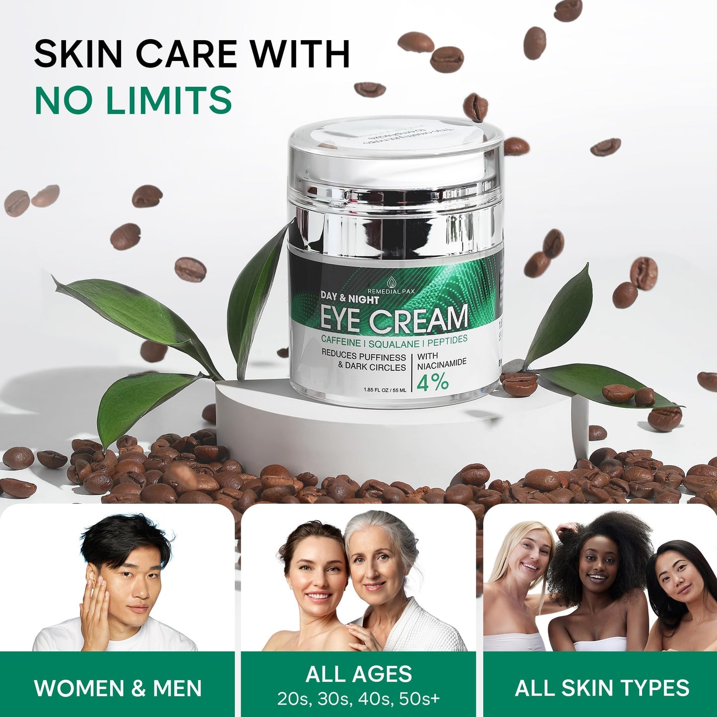 REMEDIAL PAX Eye Cream for Dark Circles and Puffiness, Bags Under Eyes Treatment, Anti-Aging Collagen Eye Cream for Wrinkles, Day & Night Caffeine Eye Cream with Niacinamide Dimethicone