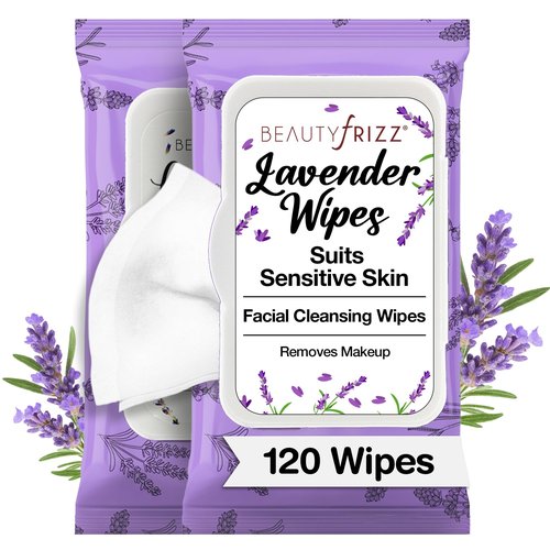 BeautyFrizz Lavender Face Wipes - 120 Count - Gentle No Rinse Makeup Remover and Facial Cleansing Wipes - Contains Aloe, Castor, Vitamin A and E - Suits Sensitive Skin - Moisturizing - Extra Soft
