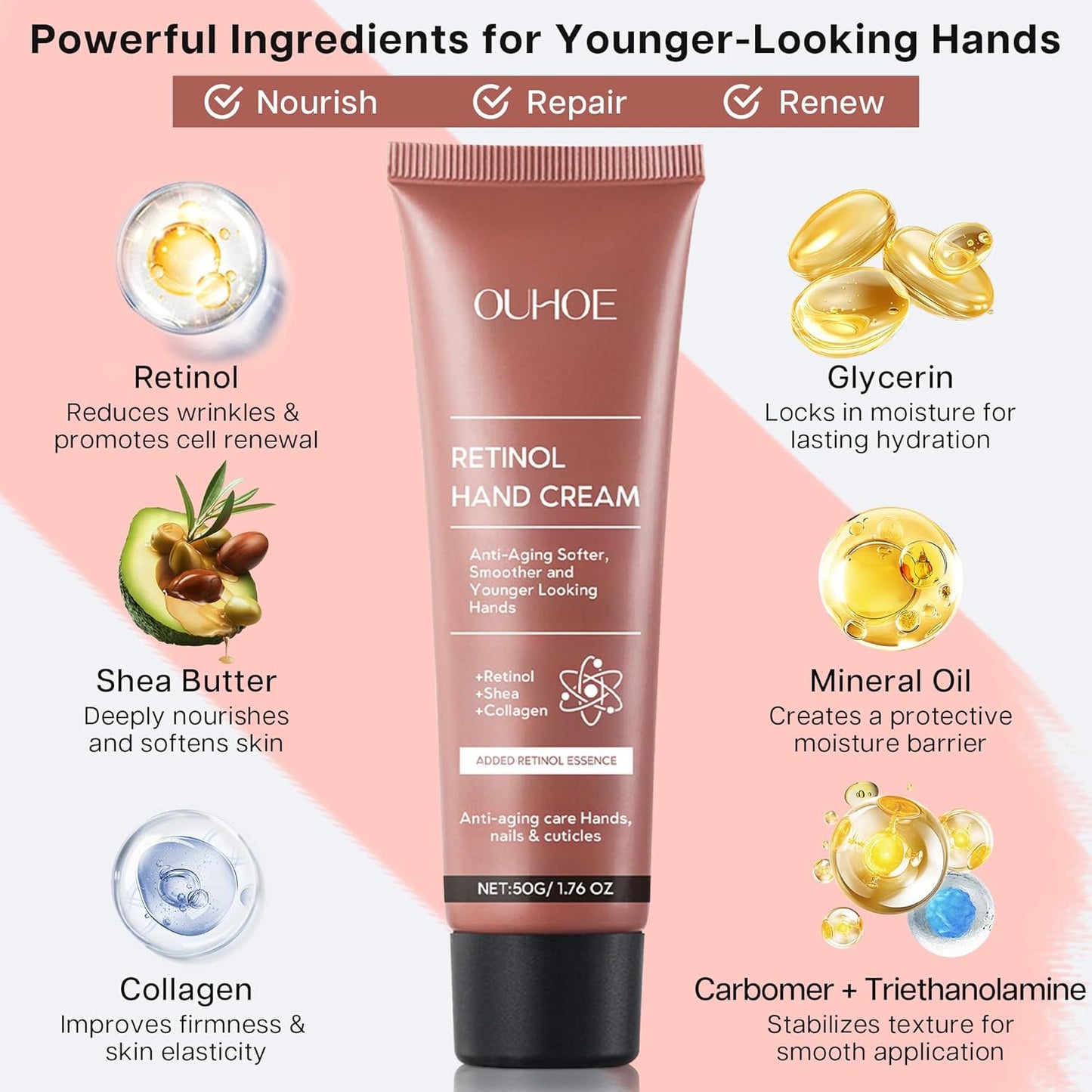 VRAIKO OUHOE Retinol Anti-Aging Hand Cream - Mineral Moisturizer with Shea Butter & Collagen (1pc)