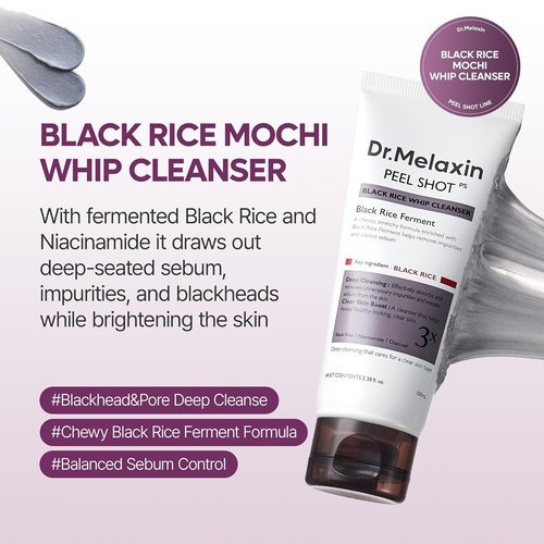 Dr. Melaxin Black Rice Mochi Whip Cleanser - 100ml for Blackheads, Clogged Pores & Dull Skin