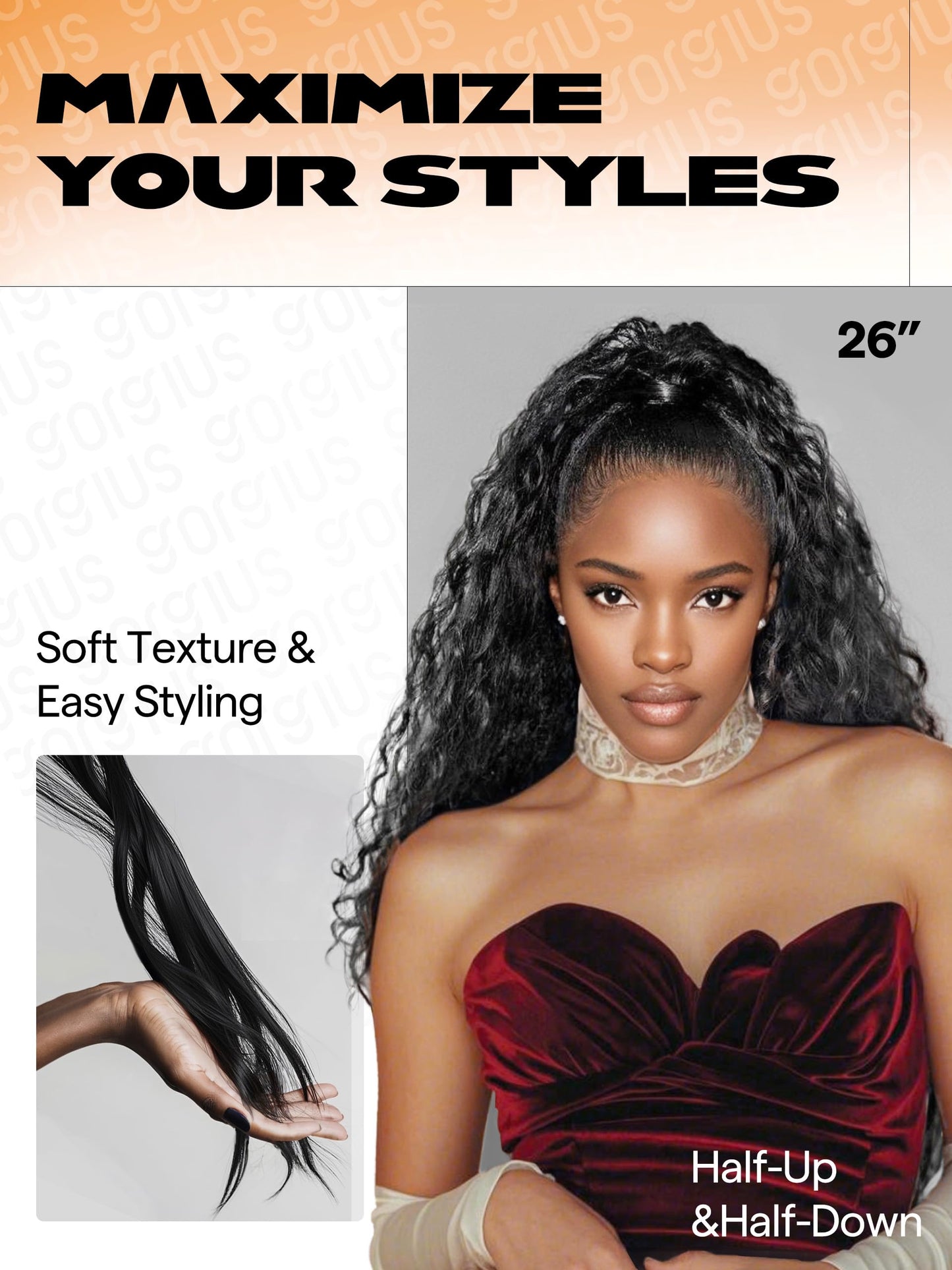 GORGIUS Ocean Wave Lace Front Wigs Pre Cut Glueless Side Part Closure Wig Synthetic Natural Black Long Wig 28 Inch