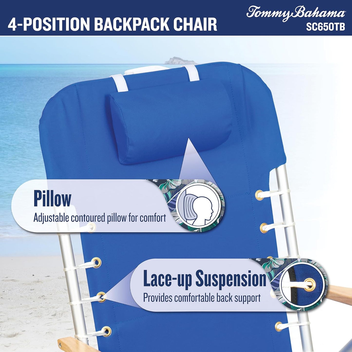 Tommy Bahama Folding Beach Chair - Hi-Boy 17" Seat Height with 4-Position Lace-Up Suspension