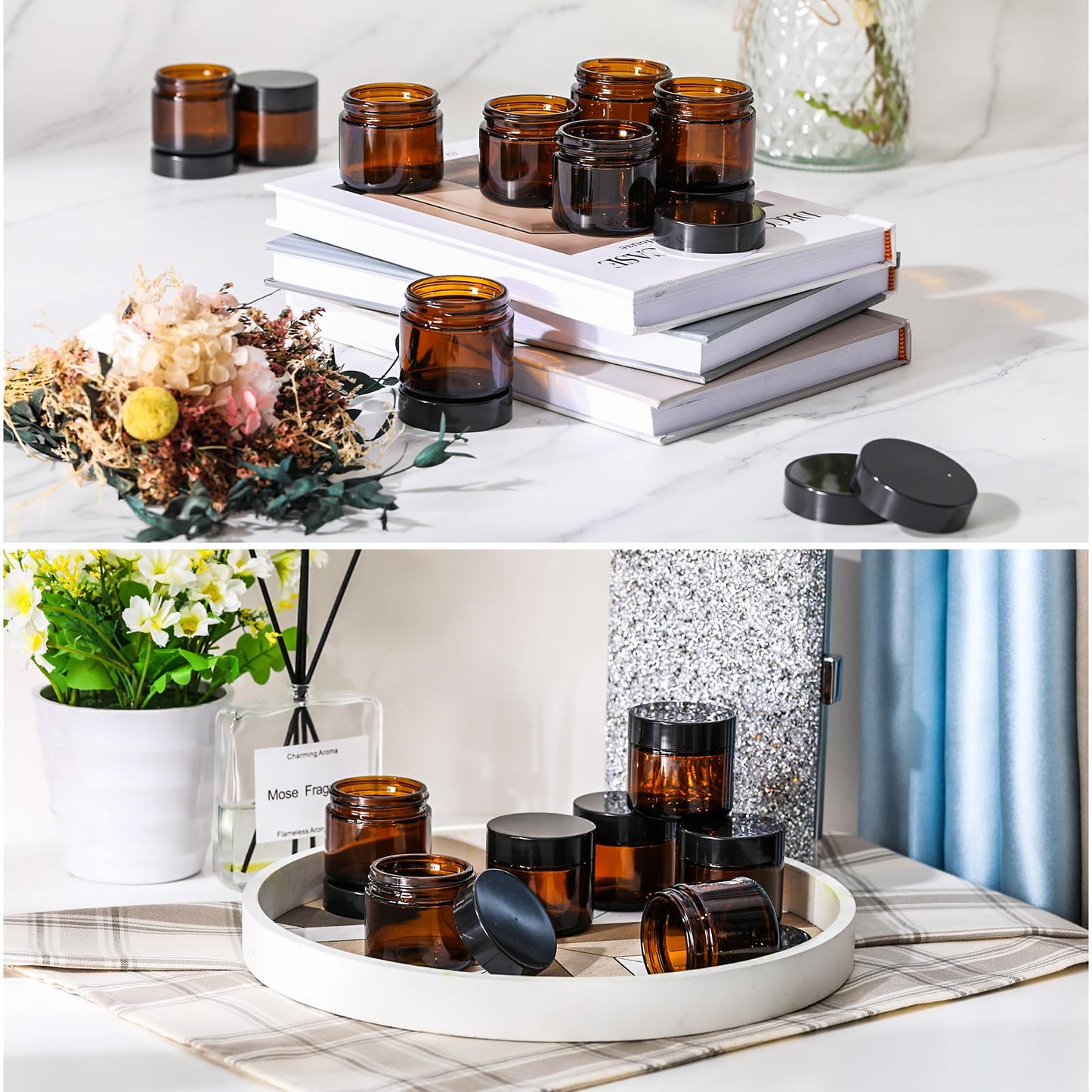 Domensi 48 Pcs 2 oz Glass Jars with Lids Travel Size Leakproof Round Airtight Empty Cosmetic Jars with Inner Liners Lid for Storing Lotions Powders Ointments Sample Cream Candle (Amber)