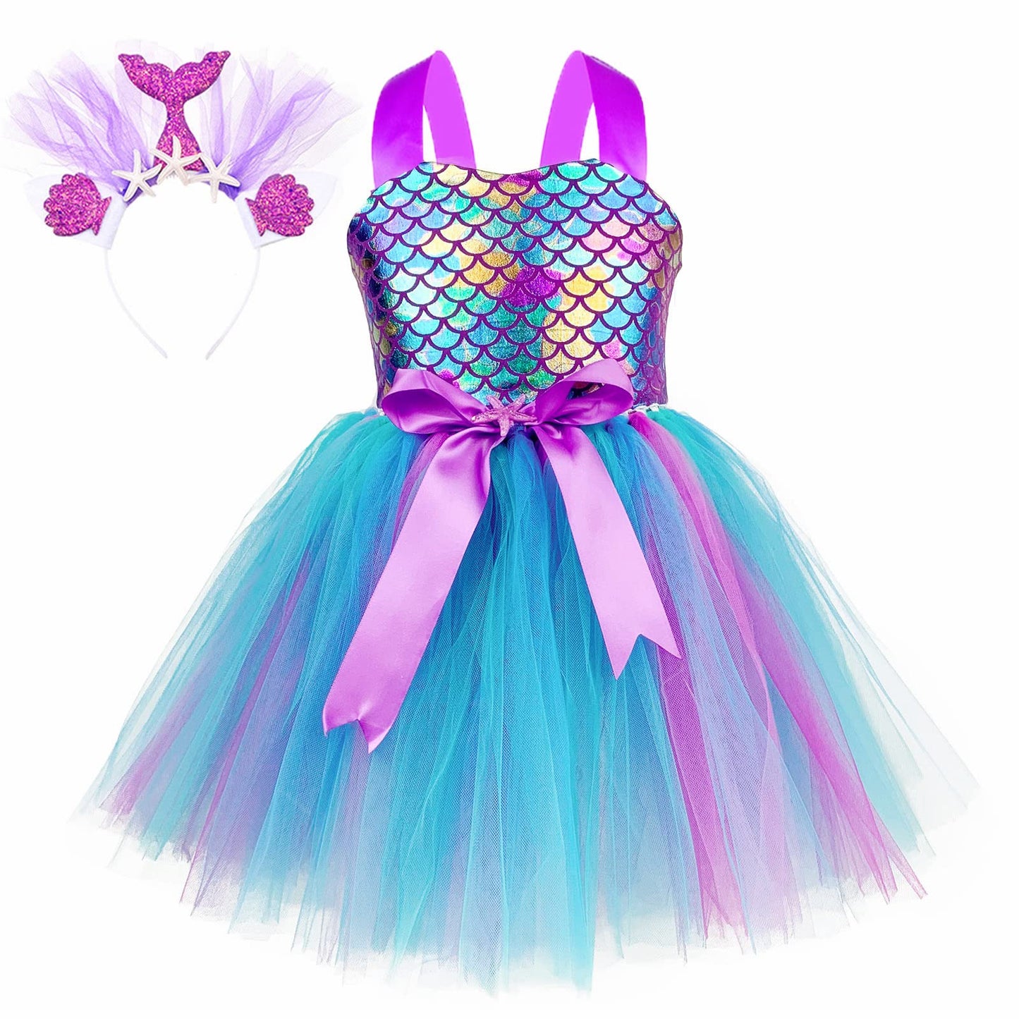 O'COCOLOUR Girls Mermaid Birthday Outfits Halloween Dress Up Costume Easter Summer Vacation Party (5-6 Years, Purple)