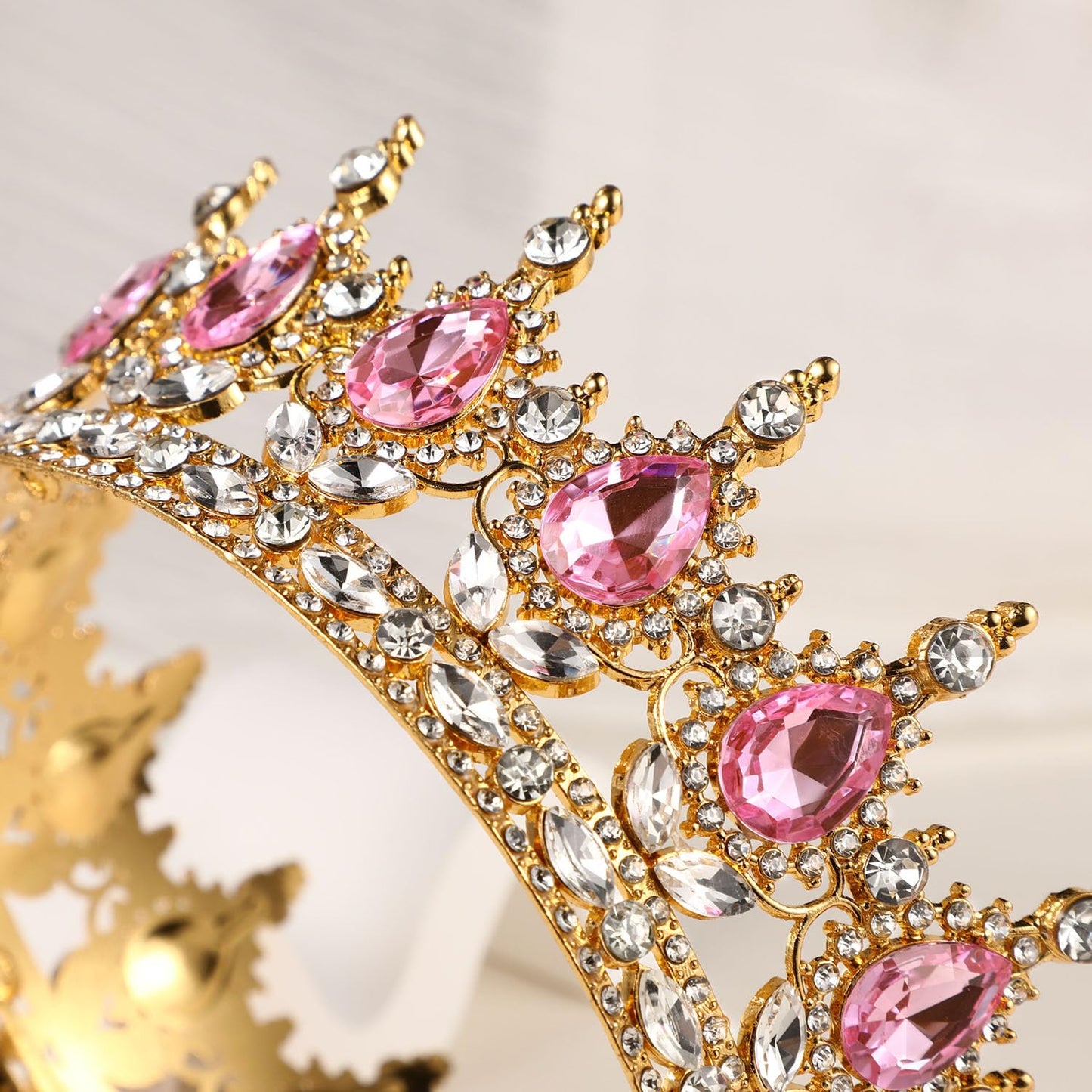 Vinjewelry Full Round Girls Bridal Crown Crystal Pink CZ Baroque Tiaras Sparkly Rhinestone Princess Carnival Headdress Jewelry Queen Costume Wedding Prom Birthday Pageant Party Hair Accessories