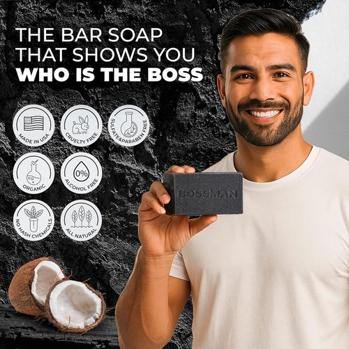 Bossman 4-in-1 Charcoal Soap Bar - All-Natural Men's Beard Wash, Shampoo & Body Wash | 4 oz Lavender & Patchouli Scent