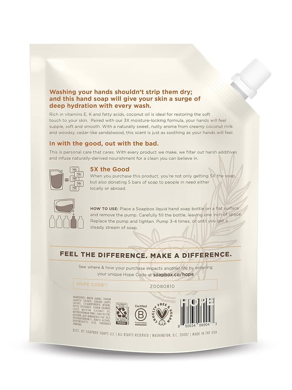 Soapbox Liquid Hand Soap Refill - Coconut Milk & Sandalwood | Vegan, Paraben-Free, 64oz Moisturizing Hand Wash