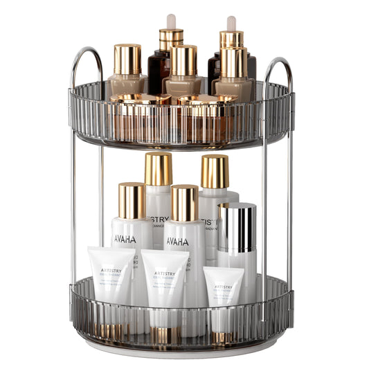 YCIA&DONE 360 Rotating Makeup Organizer and Storage for Vanity Countertop 2 Tiers, High Capacity Cosmetic Skincare Perfume Organizers for Dresser Bathroom Lazy Susan (Smoky Gray)