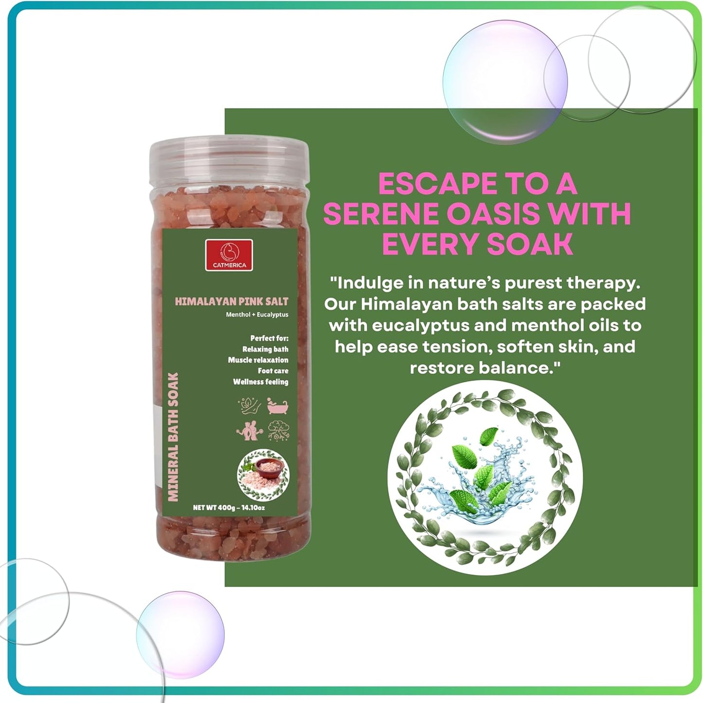 CATMERICA Pink Himalayan Bath Salt - Eucalyptus & Mint Scent for Aromatherapy & Relaxation | Wellness & Muscle Recovery