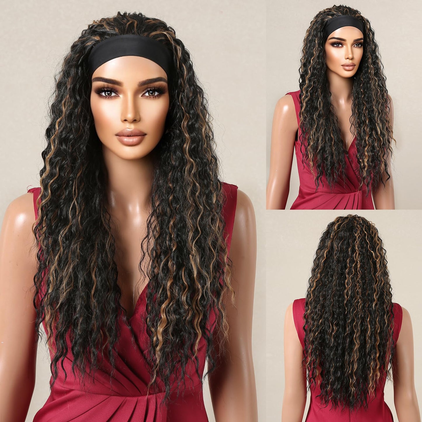 testar Headband Wig Deep Wave Black Wigs for Black Women Long Black Mixed Blonde Highlight Curly Wig None Lace Front Wigs Synthetic Wig High Density