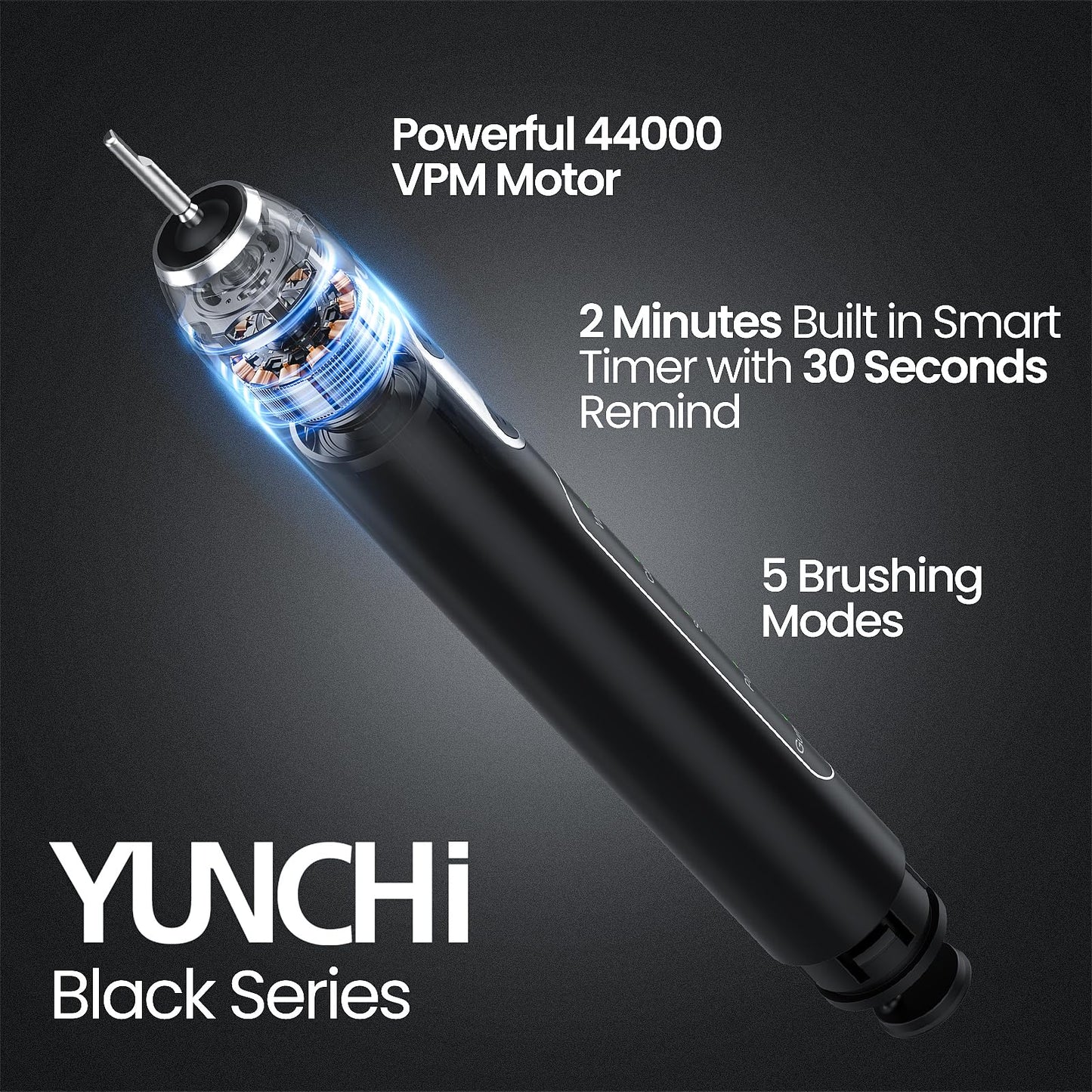 YUNCHI Sonic Electric Toothbrush for Adults, Toothbrush Electric with 8 Brush Heads, Battery Toothbrush for 55 Days, 5 Models & 2 Minutes Smart Timer, Travel Case, 44000 VPM Motor, Black