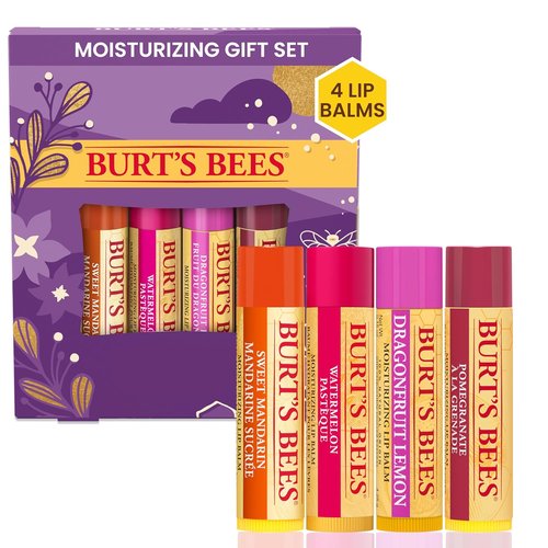 Burt's Bees Lip Balm Set - 4 Natural Flavors: Pomegranate, Sweet Mandarin, Coconut & Watermelon