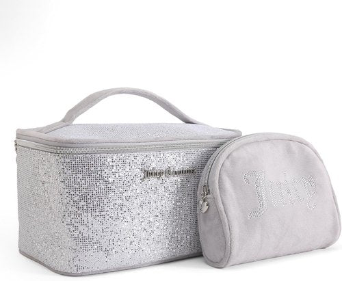 Juicy Couture Silver Sparkle Makeup Bag Set - Travel Essentials Organizer with Glitter Velour Finish