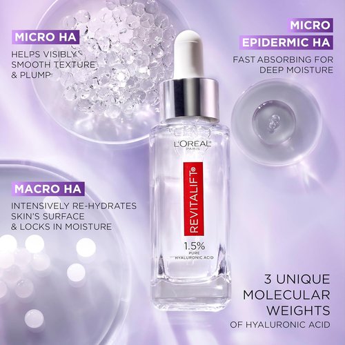 L'Oreal Paris Revitalift Hyaluronic Acid Serum - Hydrate Skin & Reduce Wrinkles | Fragrance-Free, 1 Oz
