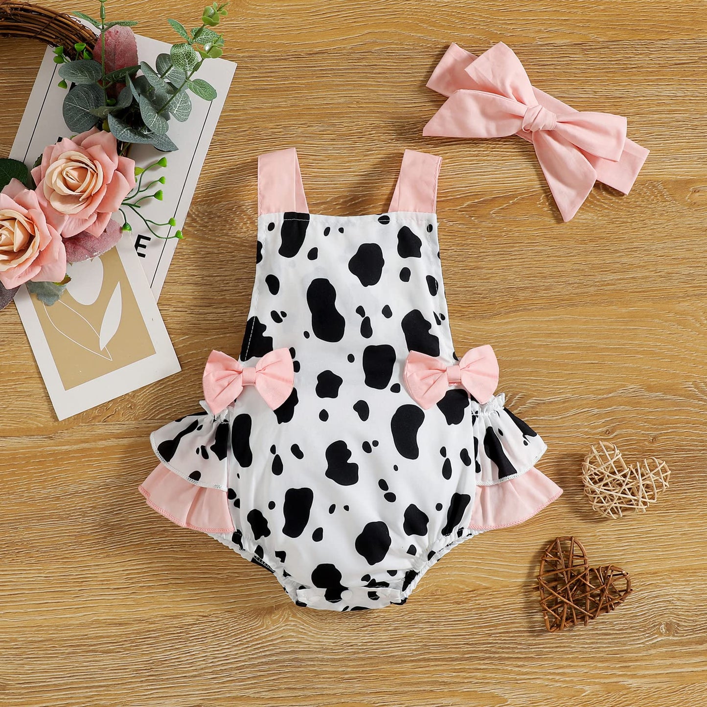 Baby Girl Romper Toddler Smash Cake Outfit Backless First Birthday Outfits Bubble Bodysuit One Piece Polka Dot Summer Clothes Casual First Communion Baby Shower Thanksgiving Pink- Cow 9-12 Months