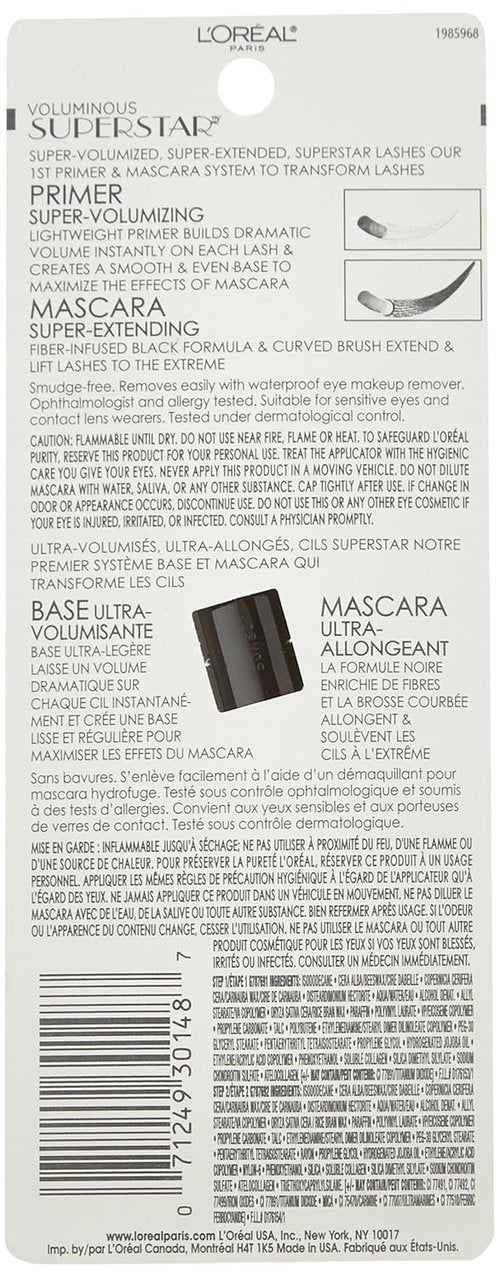 L'Oreal Paris Voluminous Superstar Mascara - Waterproof Formula in Black, 0.41 Fl. Oz
