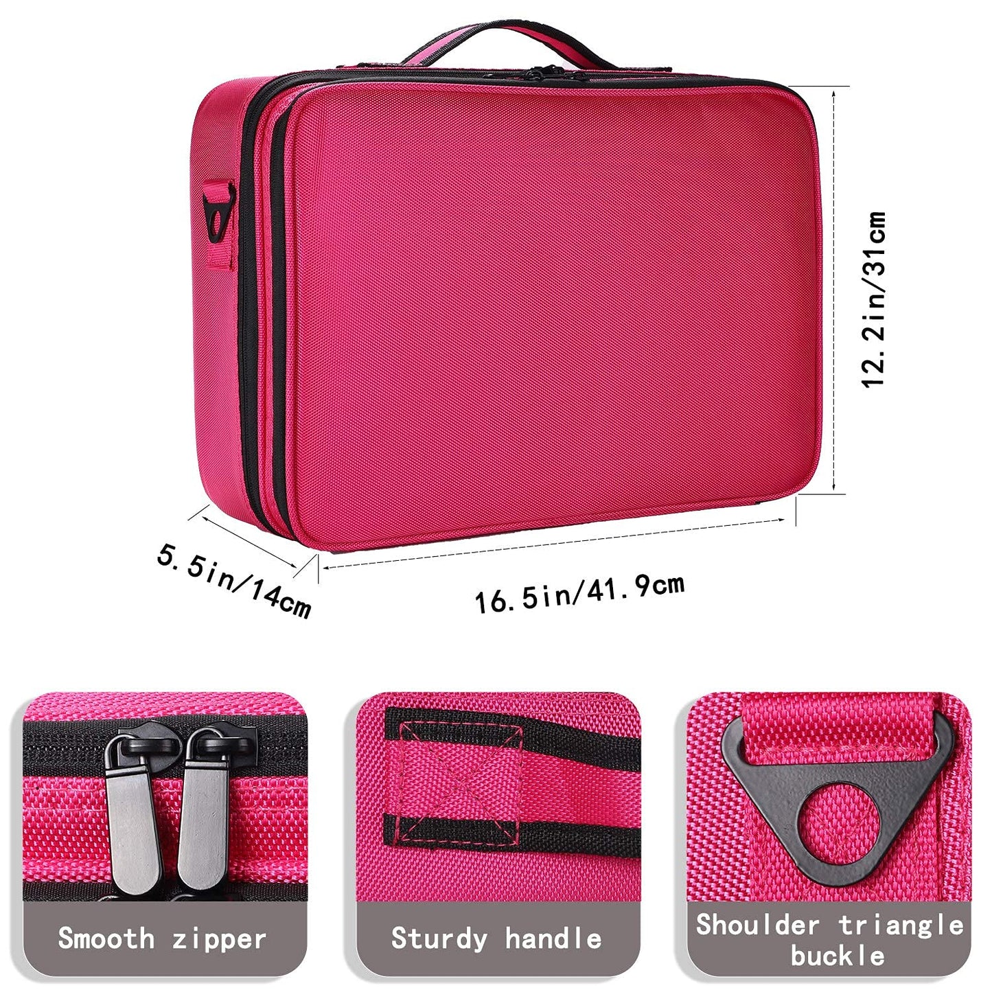 JOURMON Travel Makeup Case Portable Makeup Train Case Organizer Cosmetic Bag with Adjustable Dividers and Shoulder Strap for Makeup Brushes Toiletry Travel Accessories(Rose Red, L)
