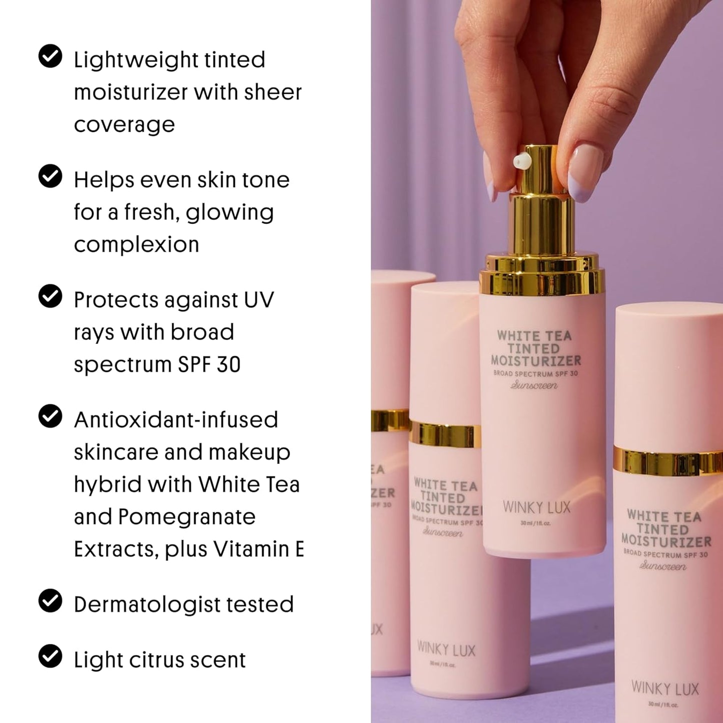 Winky Lux White Tea Tinted Moisturizer SPF 30 - Lightweight Sunscreen with Buildable Coverage, Medium Deep
