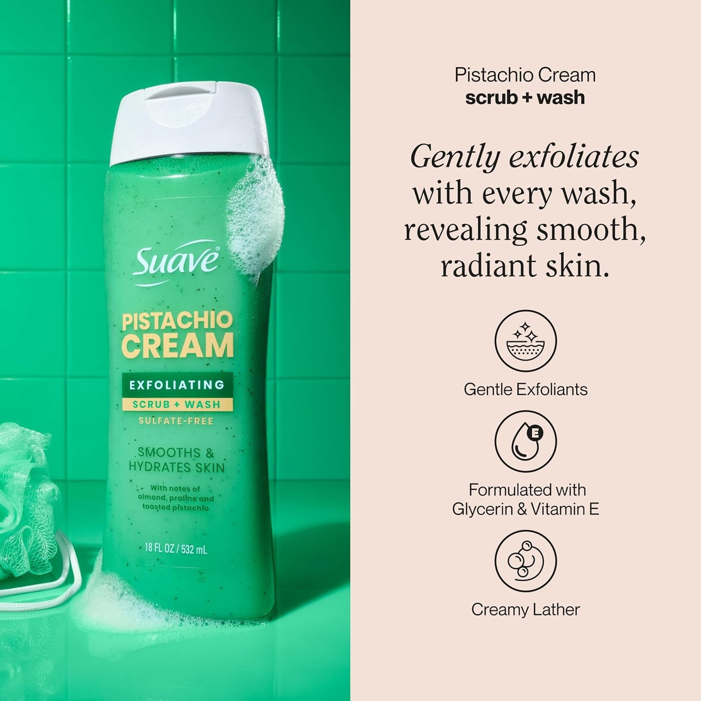 Suave Pistachio Cream Exfoliating Body Wash - Hydrating Scrub with Glycerin & Vitamin E, 18 FL OZ